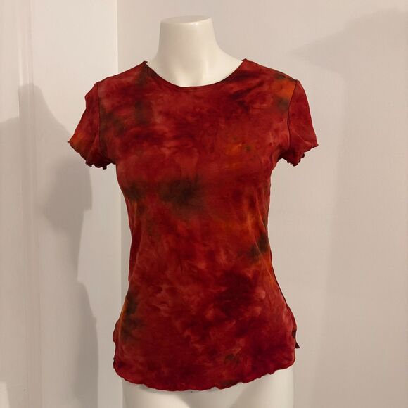 Vintage Y2K Moa Moa size Medium Lettuce Hem Red Tie Dye Baby Tee Shirt - Picture 1 of 6